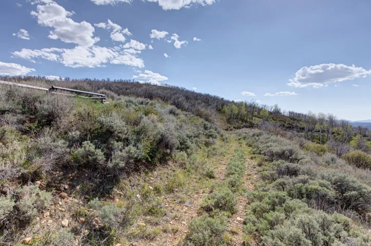 Expansive hillside property featuring natural shrubbery and a distant tree line under a broad sky
