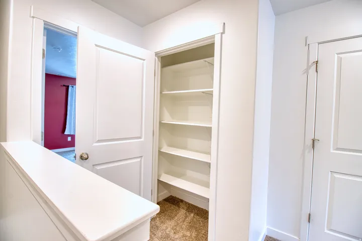 Recessed shelving unit featuring multiple adjustable shelves and carpet flooring