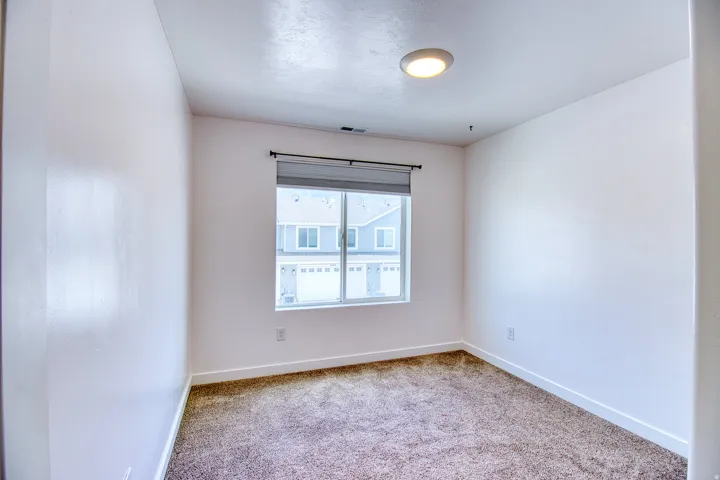 Windowed interior space featuring light-toned walls, a flush-mount ceiling light, and neutral-toned carpeting