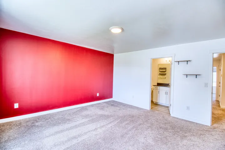 Spacious room featuring a vibrant accent wall, neutral carpeting, and a flush-mount ceiling light