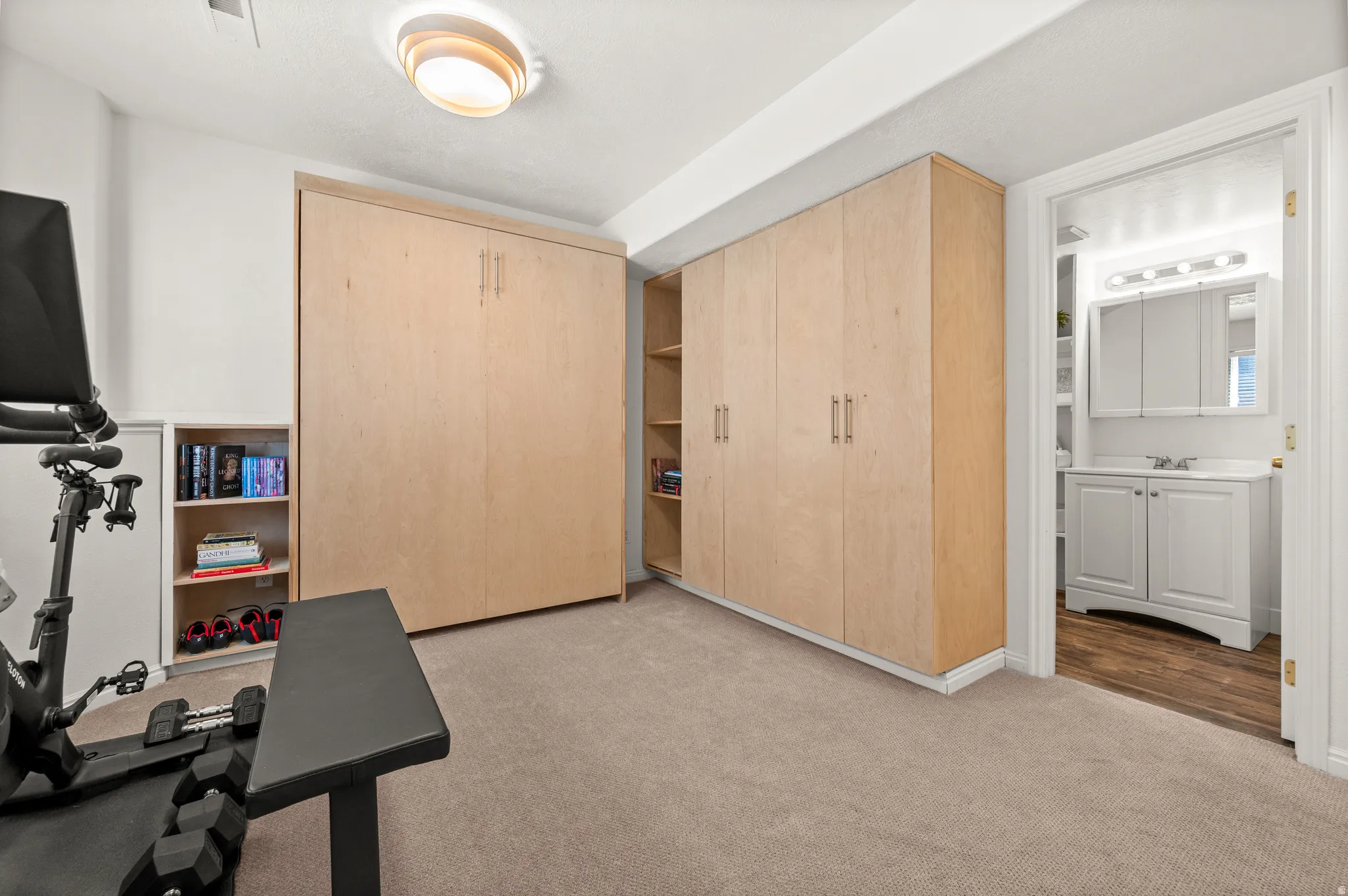 Integrated wall cabinetry with natural wood-finish panels and built-in shelving, Murphy bed, 3/4 bathroom and great natural light