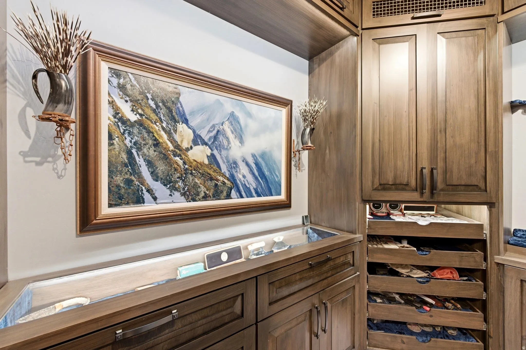 Custom cabinetry featuring a display countertop, integrated lighting, and pull-out drawers
