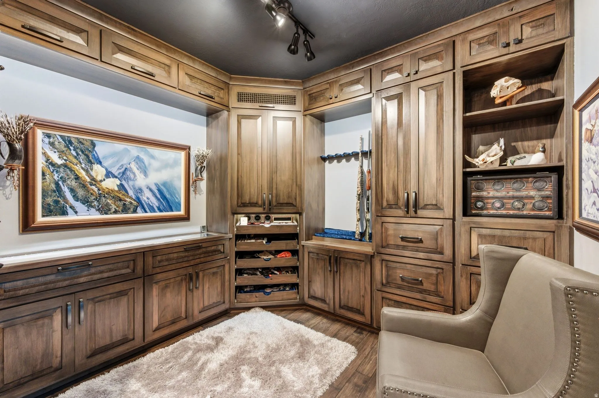 Custom built-in cabinetry with varied storage options and a rich wood finish
