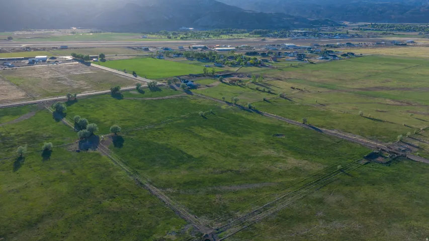 Expansive green fields with dispersed trees and visible dirt paths