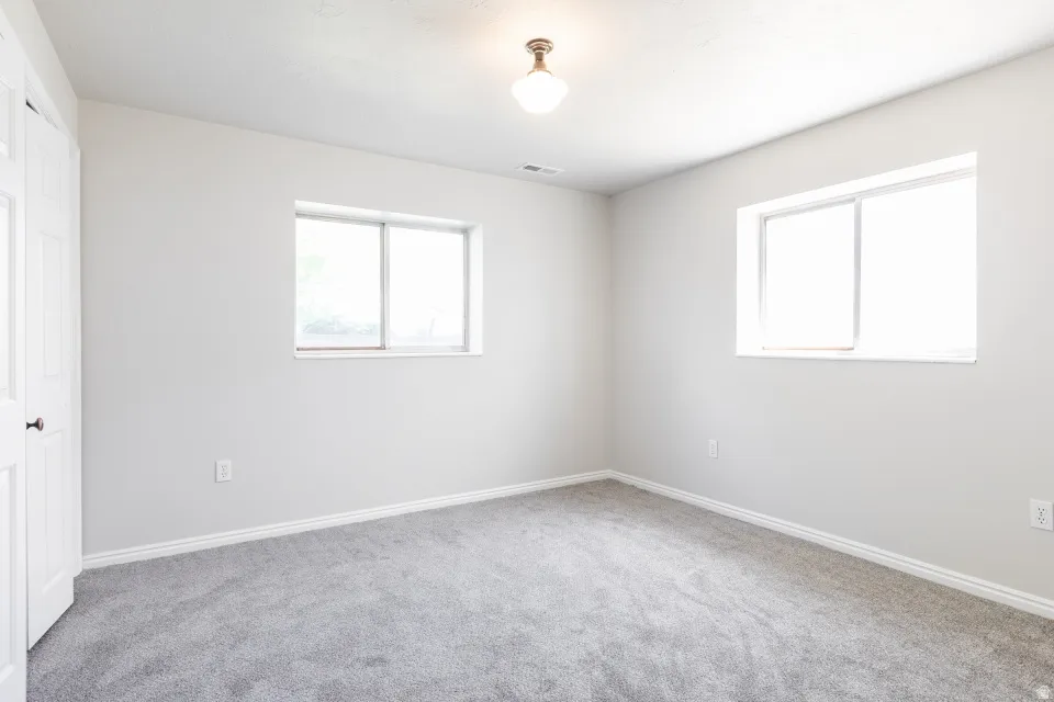 Carpeted room with light gray walls, two windows, and a flush-mount ceiling light fixture