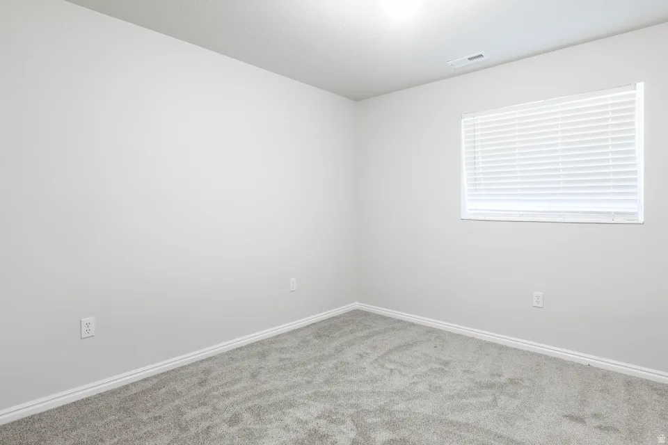 Room featuring light grey carpeting, white baseboards, and a single window with horizontal blinds