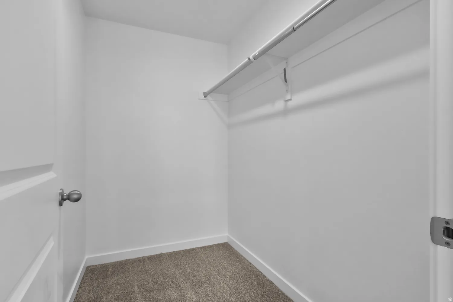 Recessed closet space featuring a built-in shelf, hanging rod, neutral wall finishes, white trim, and soft carpeting