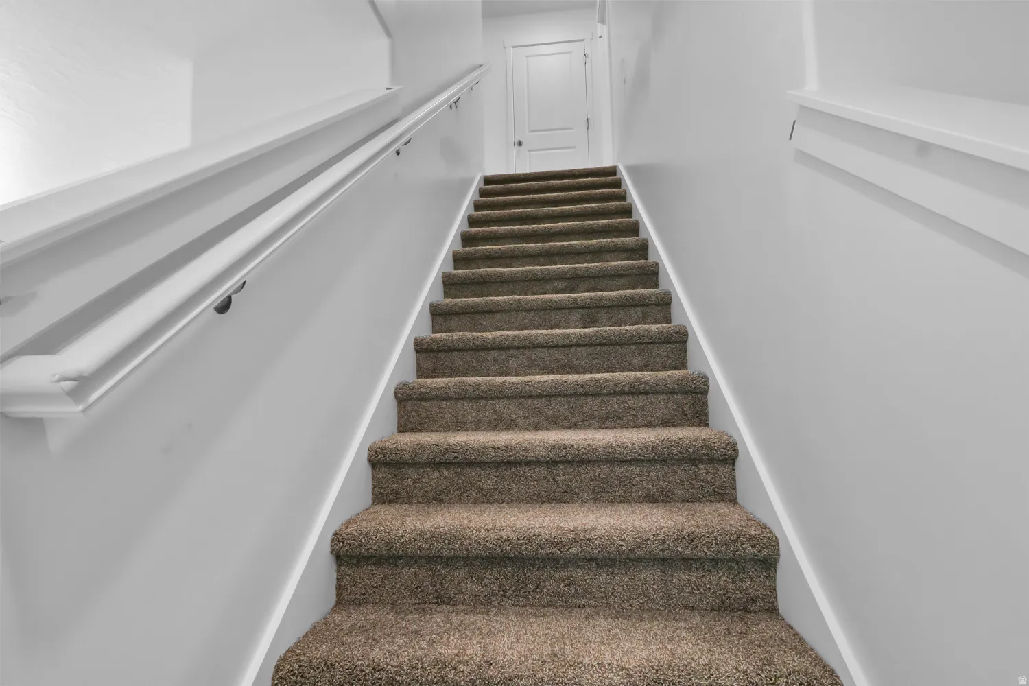 Carpeted staircase featuring white risers and handrails, complemented by light gray walls