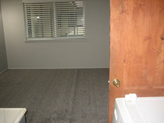 Room featuring light gray walls, gray carpet, and a window with horizontal blinds