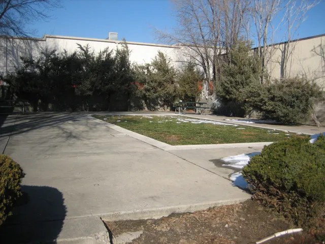 Concrete patio area featuring a central grass patch and mature shrubbery