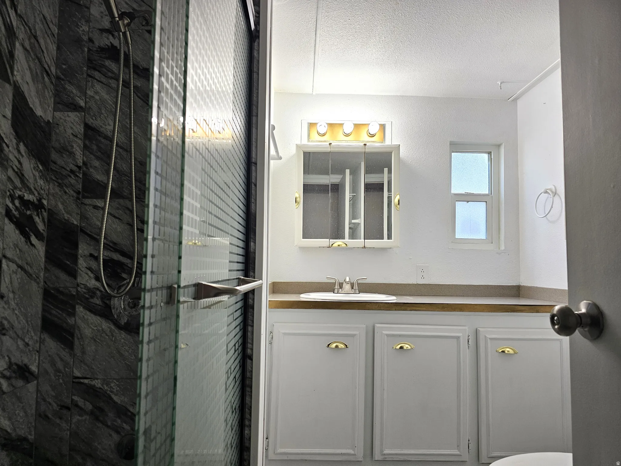Bathroom featuring a glass-enclosed shower with dark-toned tile, a vanity with white cabinetry, a light-toned countertop, and a medicine cabinet with integrated lighting