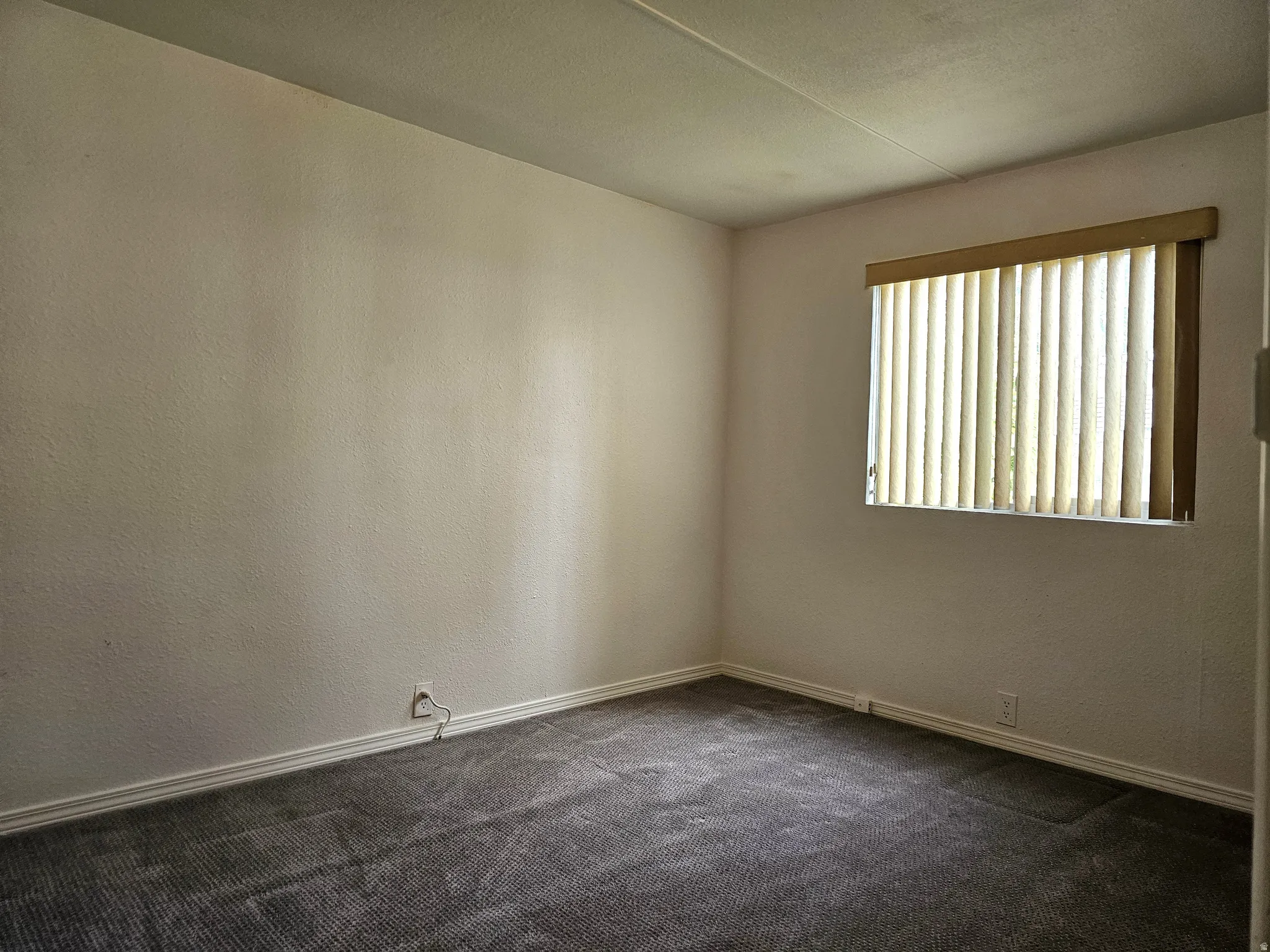 Room featuring textured white walls, a single window with vertical blinds, baseboard molding, and dark gray carpet flooring