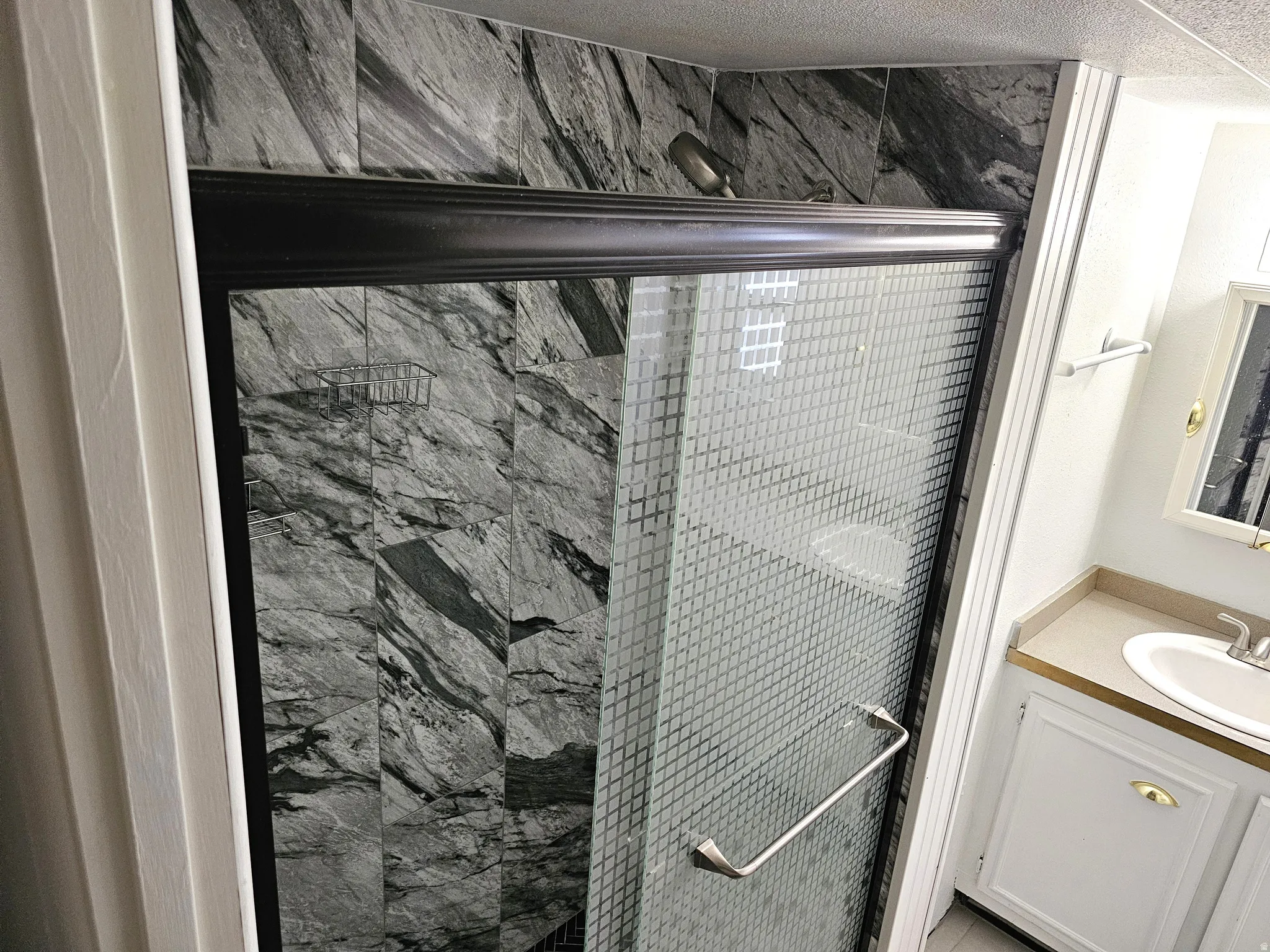 Shower enclosure featuring patterned glass doors with a metal handle, dark-toned frame, and a wall-mounted showerhead