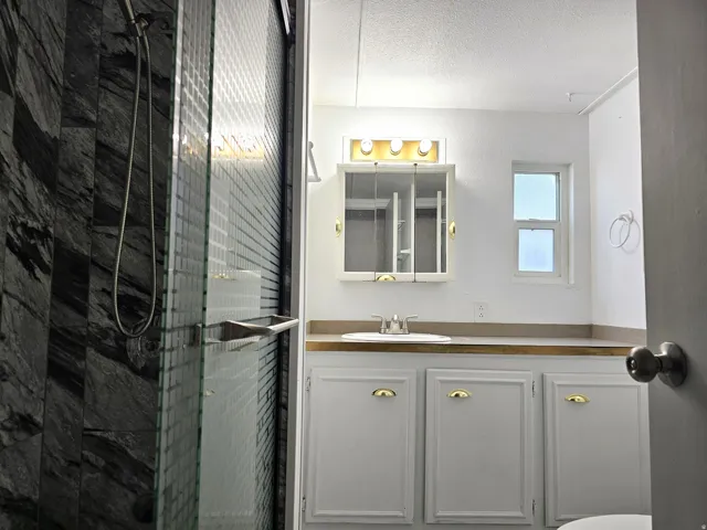 Bathroom featuring a glass-enclosed shower with dark-toned tile, a vanity with white cabinetry, a light-toned countertop, and a medicine cabinet with integrated lighting