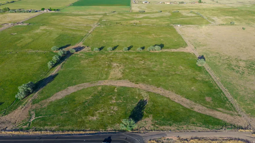 Expansive green land parcels featuring varied vegetation and a paved road frontage