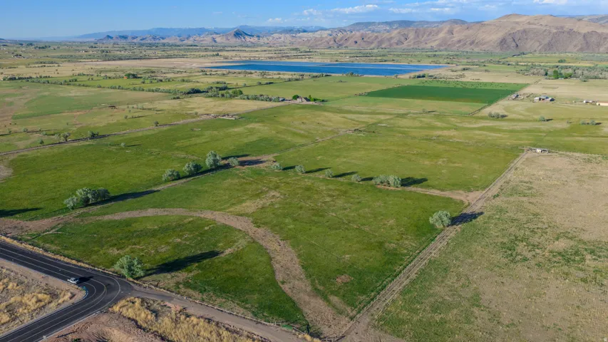 Expansive agricultural land featuring a paved road frontage, natural green pastures, scattered mature trees, and distant mountain ranges