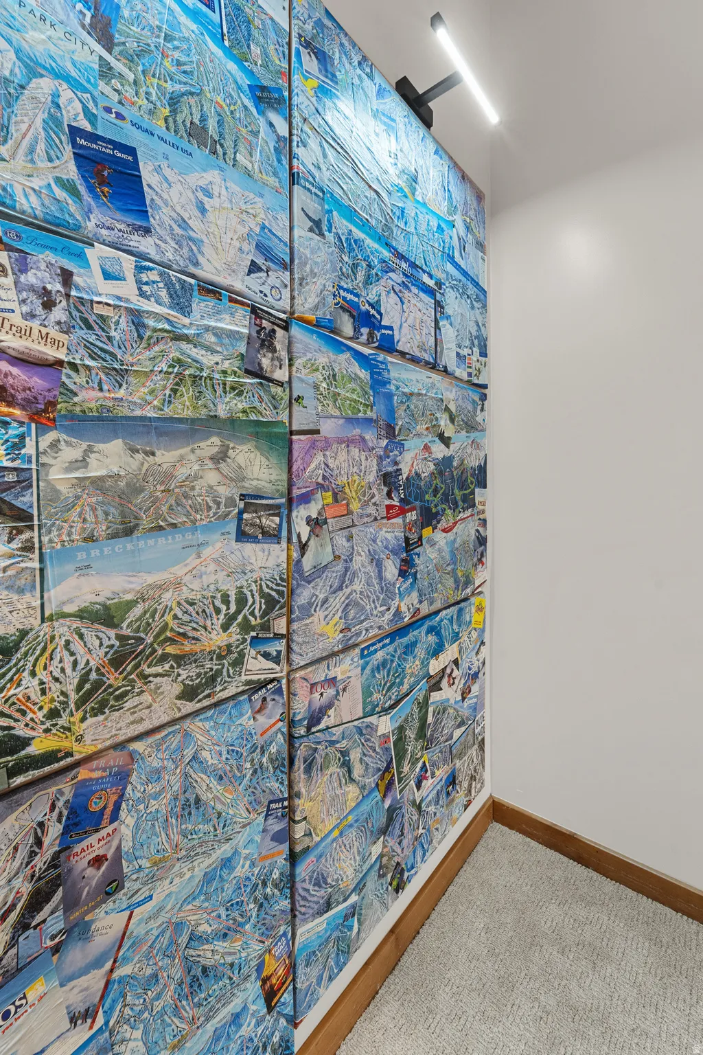 Accent wall featuring a collage of ski trail maps, complemented by a modern linear light fixture