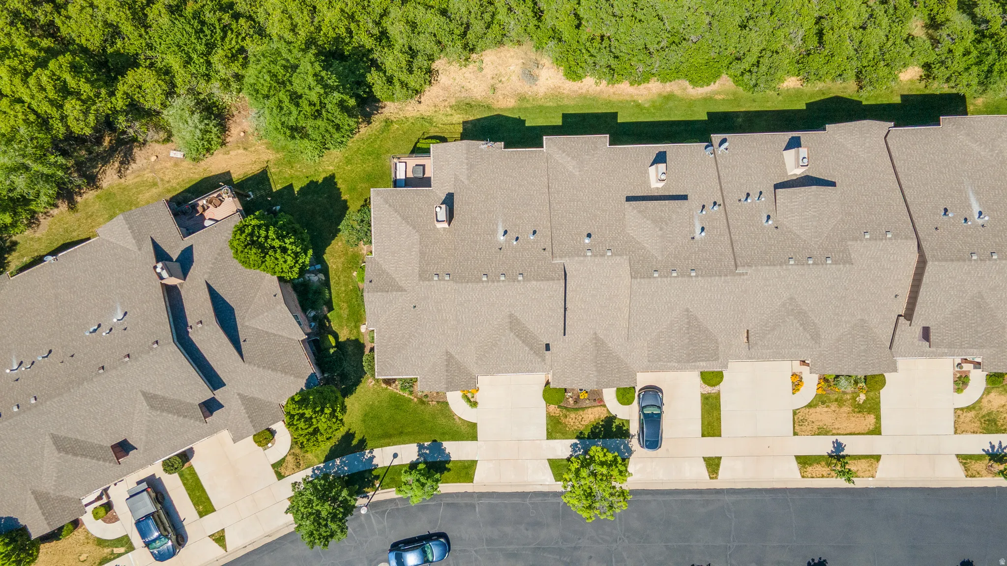 Townhome community with asphalt shingle roofs and concrete driveways