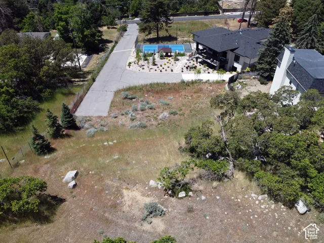 Expansive undeveloped lot featuring natural vegetation, scattered rocks, and mature trees, bordered by a paved road