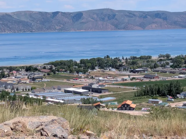 Panoramic landscape featuring expansive water frontage with distant mountains, a community shoreline, and varied architectural styles across the hillside