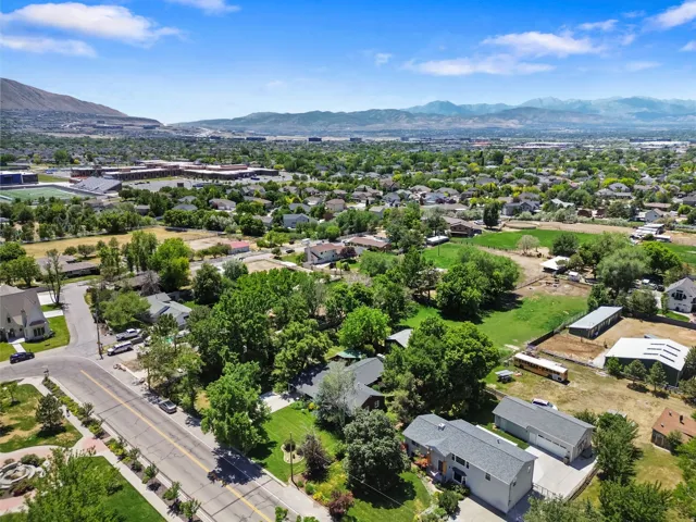 Aerial perspective showcasing a residential area with varied rooflines and extensive tree canopy