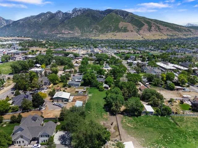 Expansive community featuring mature trees, residential properties, and commercial buildings