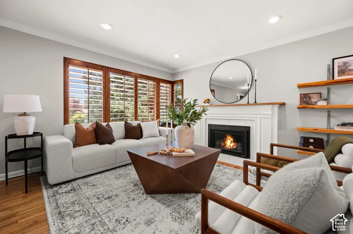 Living area featuring wood-finish flooring and a decorative area rug
