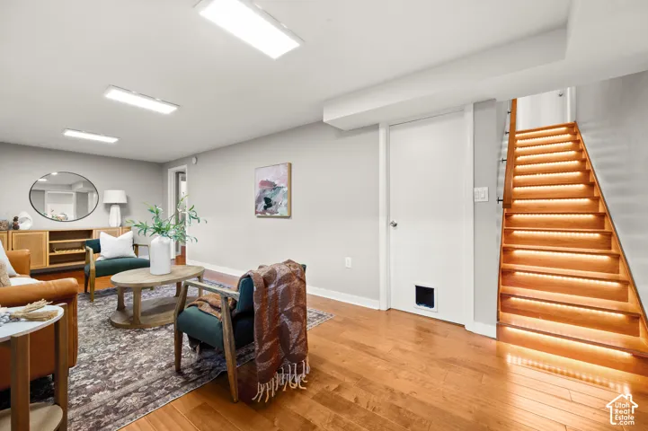 Hardwood flooring spanning the room, complemented by a contemporary light gray wall color