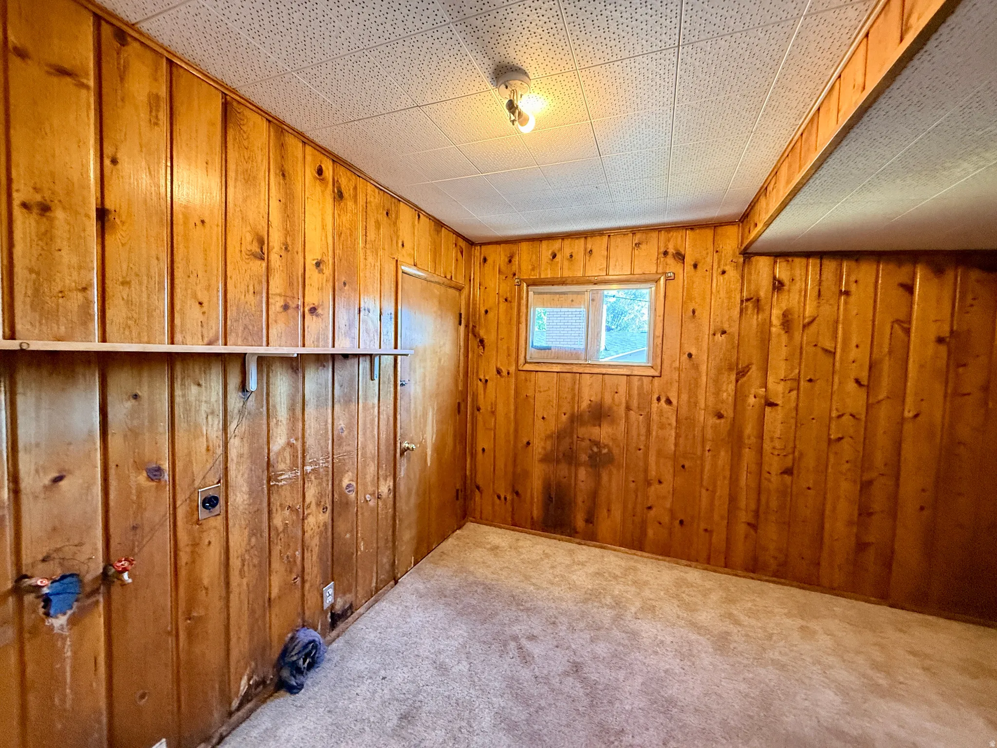Wood paneling walls featuring a built-in shelf, a window, and a door