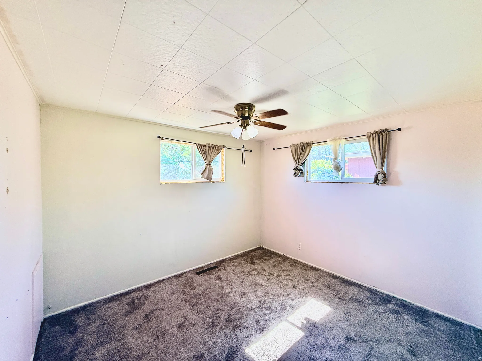 Carpeted room with a ceiling fan light fixture