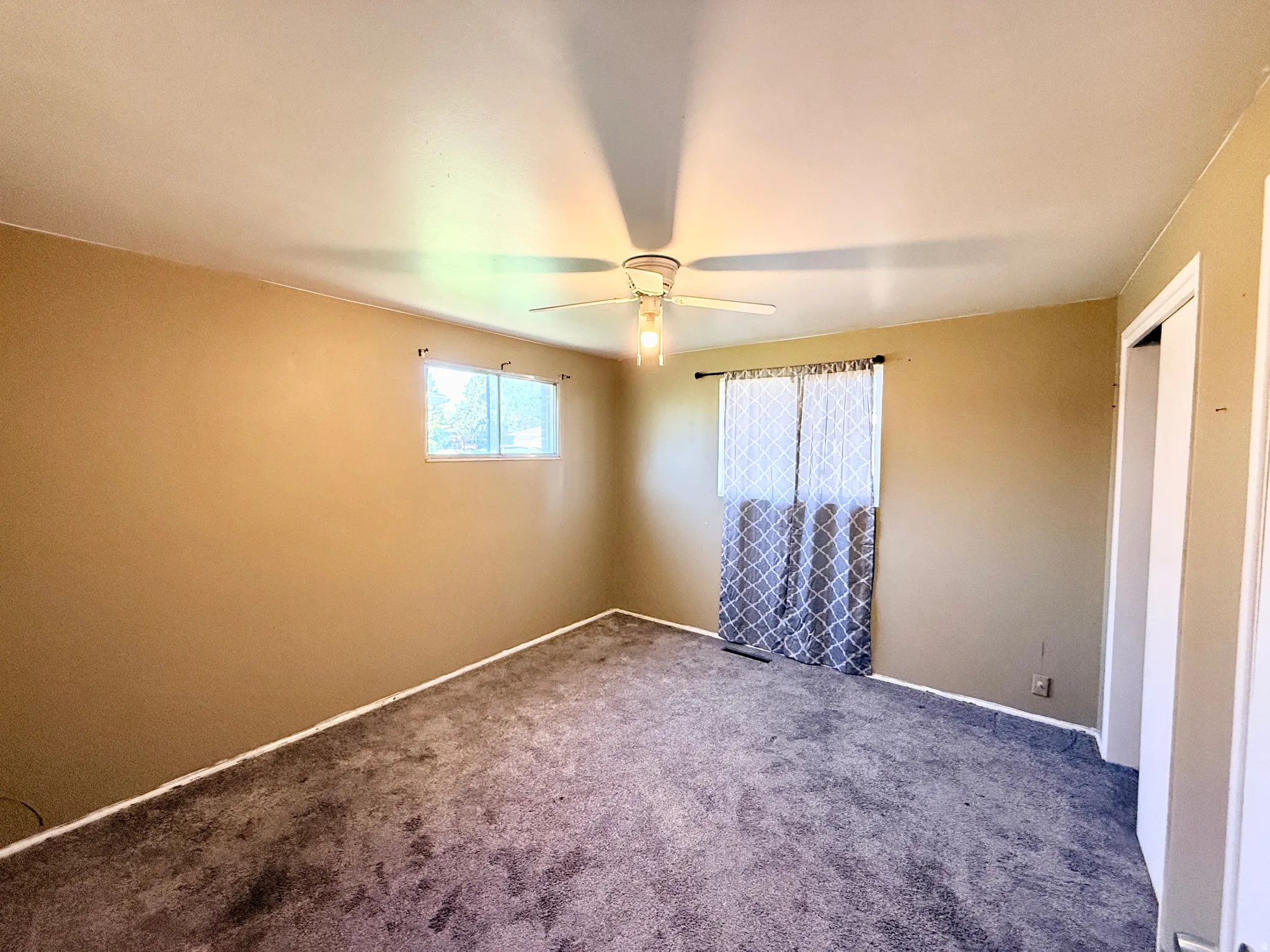 Carpeted interior room featuring a ceiling fan with integrated lighting, two windows for natural illumination, and a closet with bifold doors