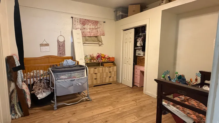 Room featuring wood-finish flooring, a double-door closet with a paneled door, and a built-in overhead shelf