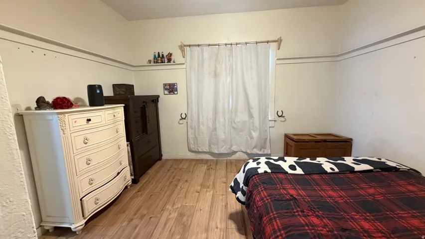 Room featuring wood-finish flooring, a window with a curtain rod, and a wall shelf