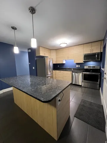 Kitchen with light wood finish cabinets, stainless steel appliances, a kitchen island, and dark stone counters