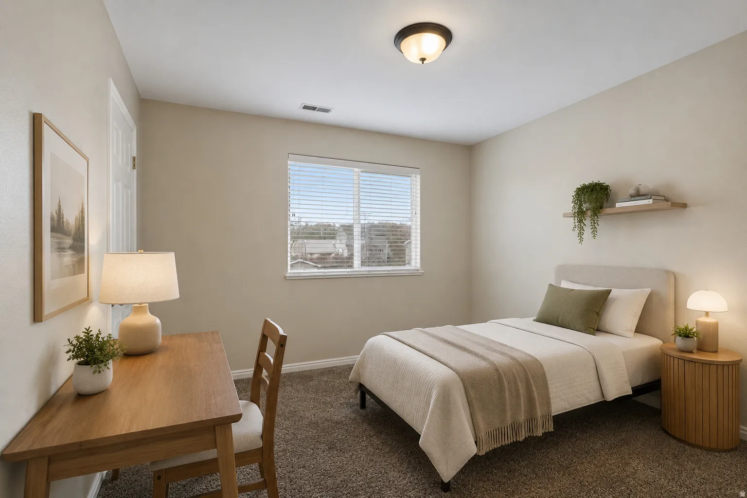 Neutral-toned walls complement the textured carpet flooring