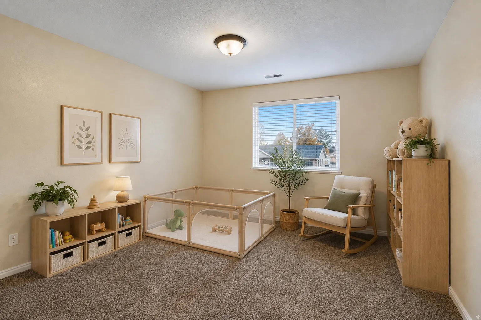 Spacious interior featuring a large window with blinds, overhead flush mount lighting, and neutral wall tones
