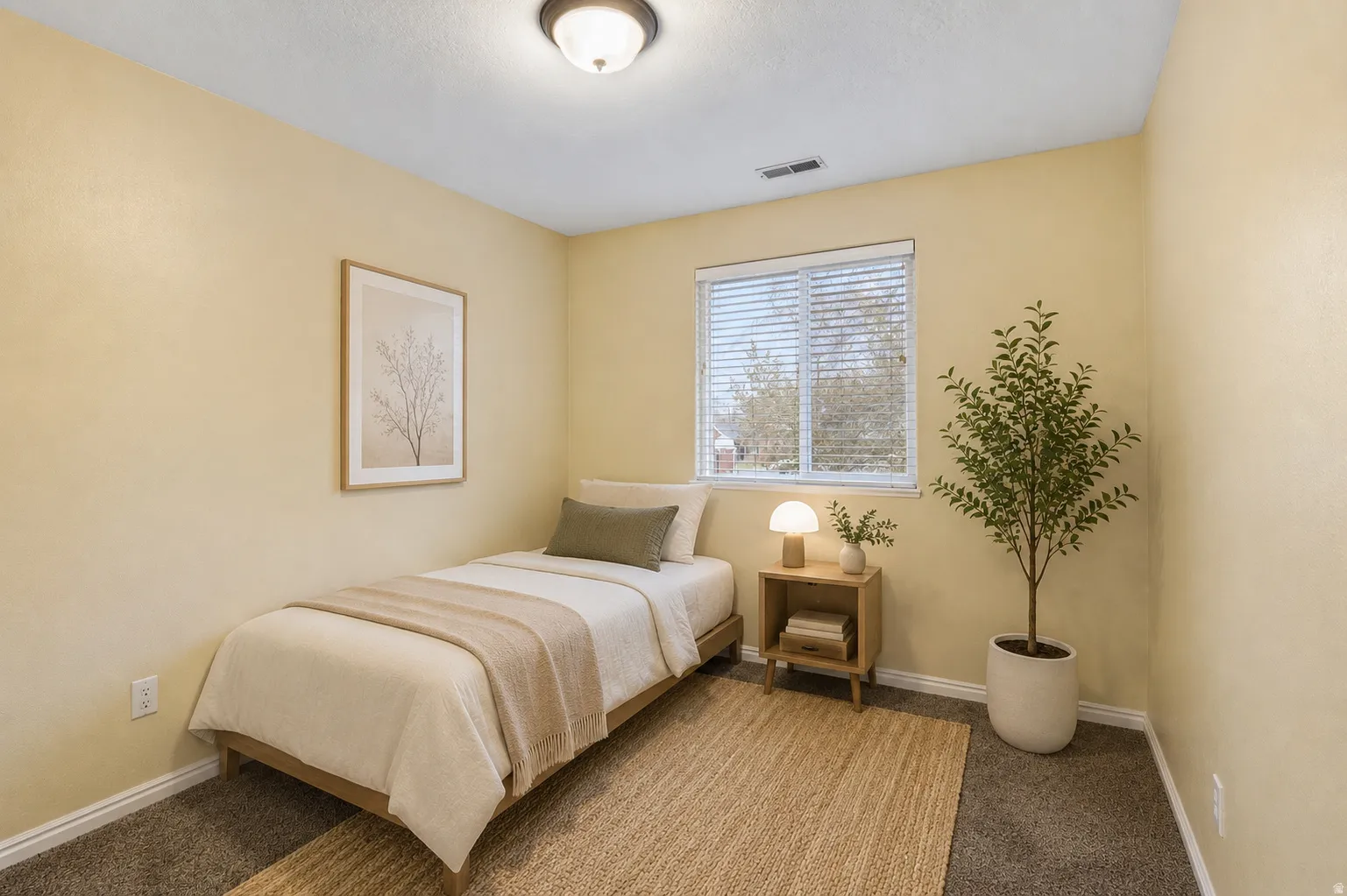 Window with blinds, wall-to-wall carpeting, overhead flush mount lighting, and neutral wall tones