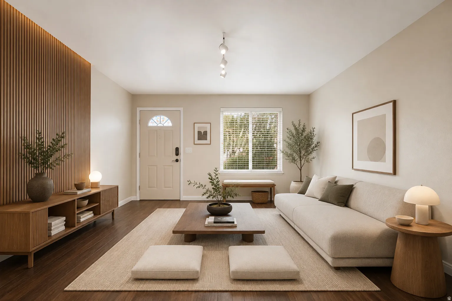 Dark wood-finish flooring complements the light-toned walls