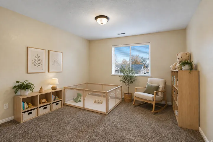 Spacious interior featuring a large window with blinds, overhead flush mount lighting, and neutral wall tones