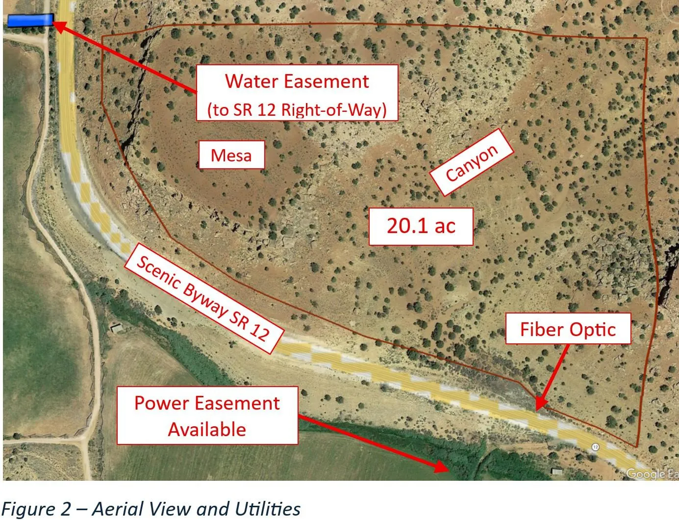 Aerial View and Utilities. Depicting the property, its acreage, and utility access points