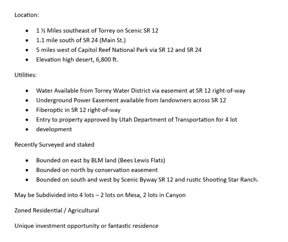 Property Description. Providing details on the property's location, utilities, survey status, and zoning