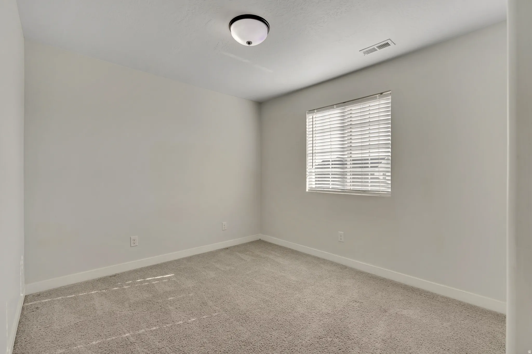 Neutral-toned room featuring a single window with blinds, light gray carpeting, and a ceiling-mounted light fixture