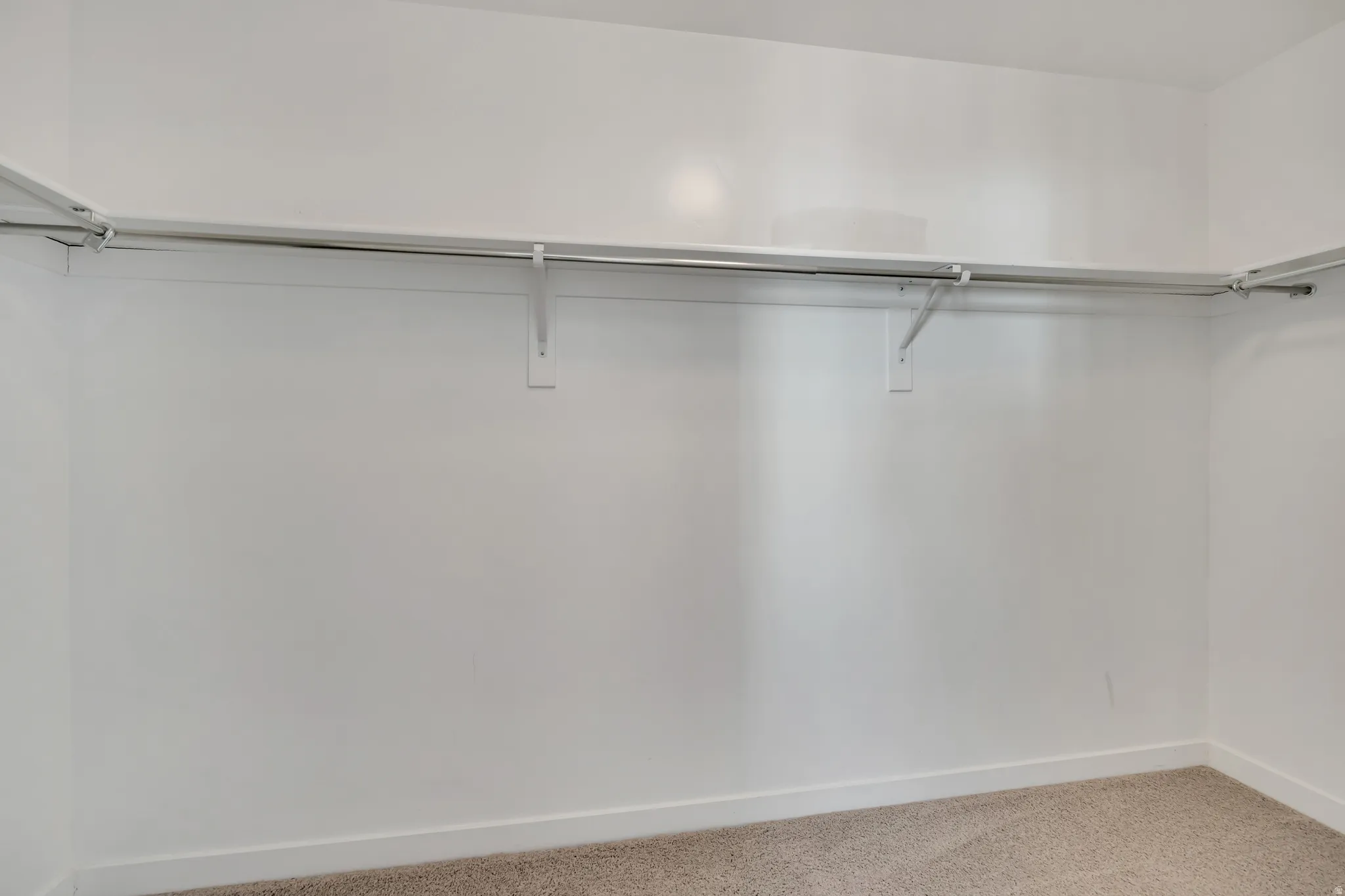 Walk-in closet with carpet flooring, white painted walls, white baseboards, and built-in metal shelving and hanging rods