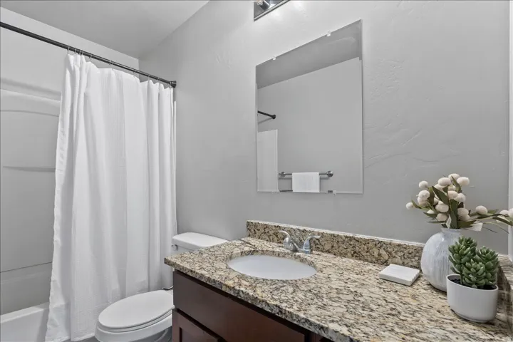 Full bathroom featuring a granite-style countertop, undermount sink, and dark wood-finish vanity