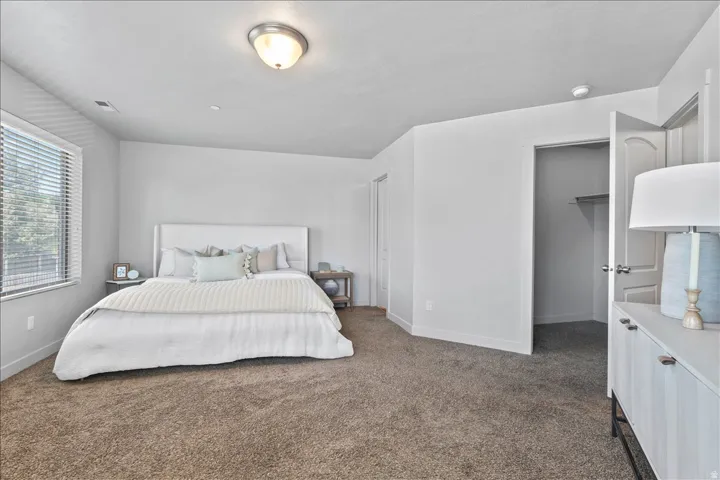 Carpeted bedroom featuring a large window with horizontal blinds, a ceiling-mounted light fixture, white walls, and a closet with a white panel door