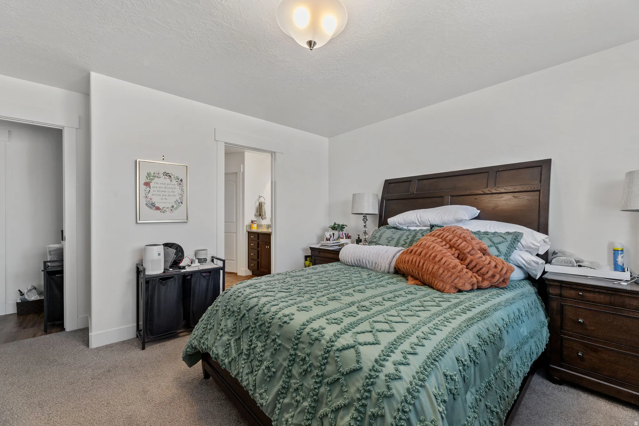 Carpeted bedroom with white walls, a single ceiling light fixture, a dark wood-finish headboard, and wood-finish nightstands with integrated drawers
