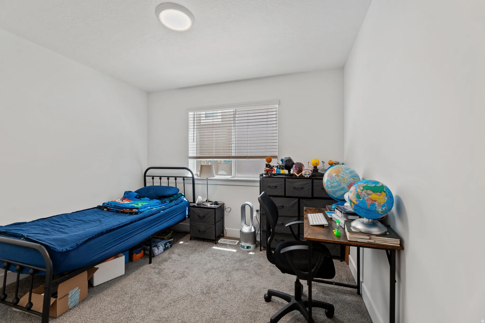 Carpeted bedroom featuring a double-pane window, white blinds, and a flush-mount ceiling light
