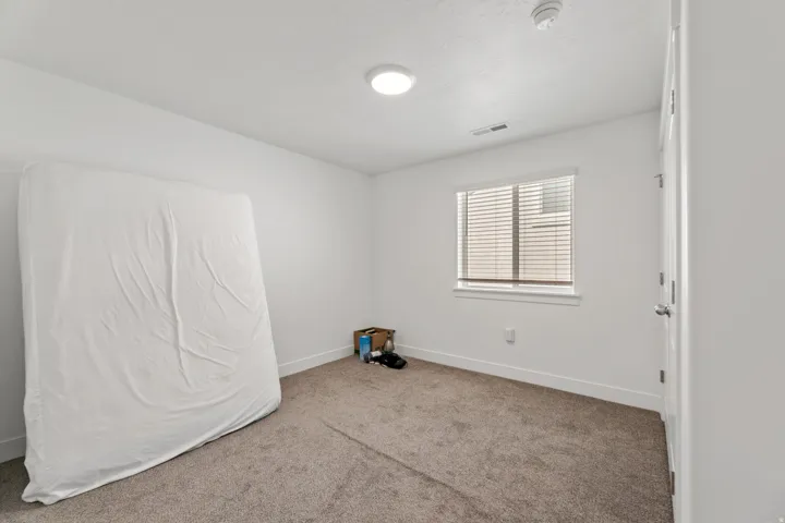 Carpeted room with a flush-mount ceiling light and a window with horizontal blinds
