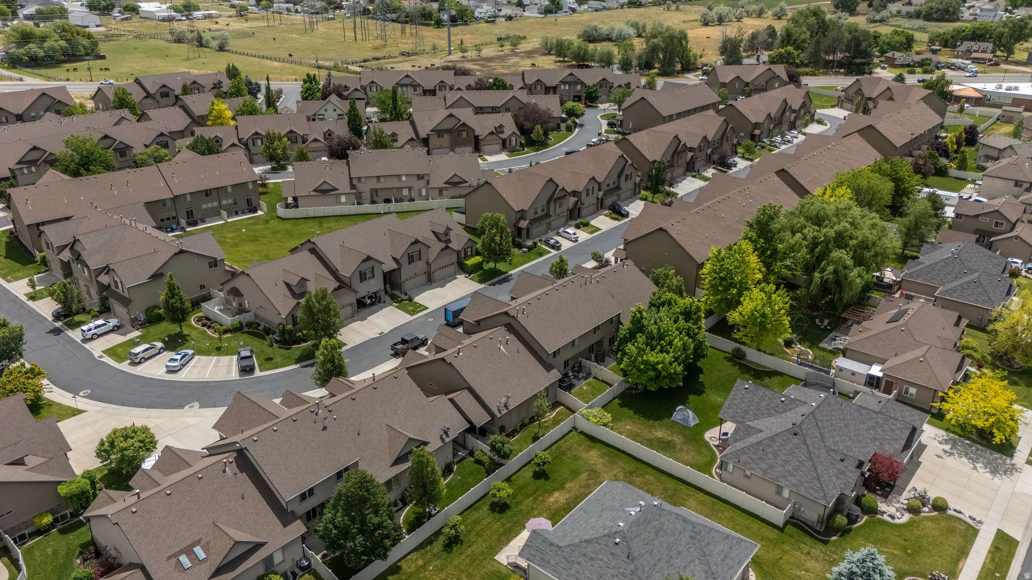 Attached homes with private driveways, green space between units, and mature tree canopy throughout. Consistent architecture and a true neighborhood feel.