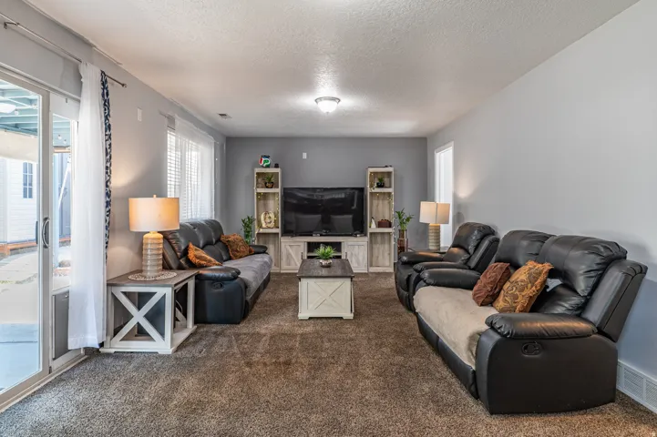 Carpeted living space featuring light gray walls and a sliding glass door